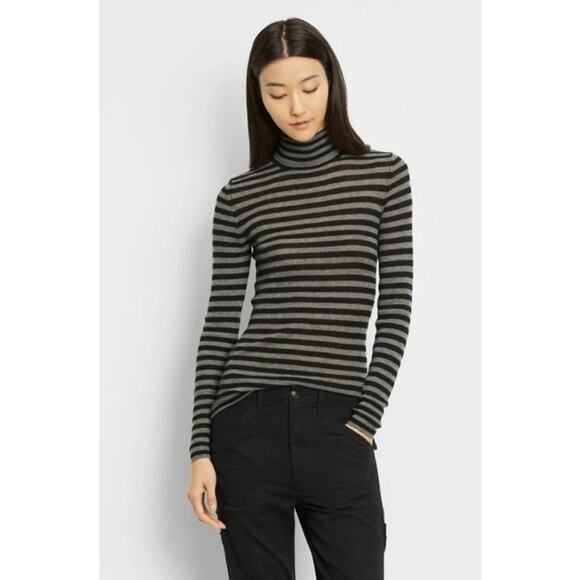 Vince Womens Striped Cashmere Turtleneck Sweater Size large Black Gray - Picture 1 of 5